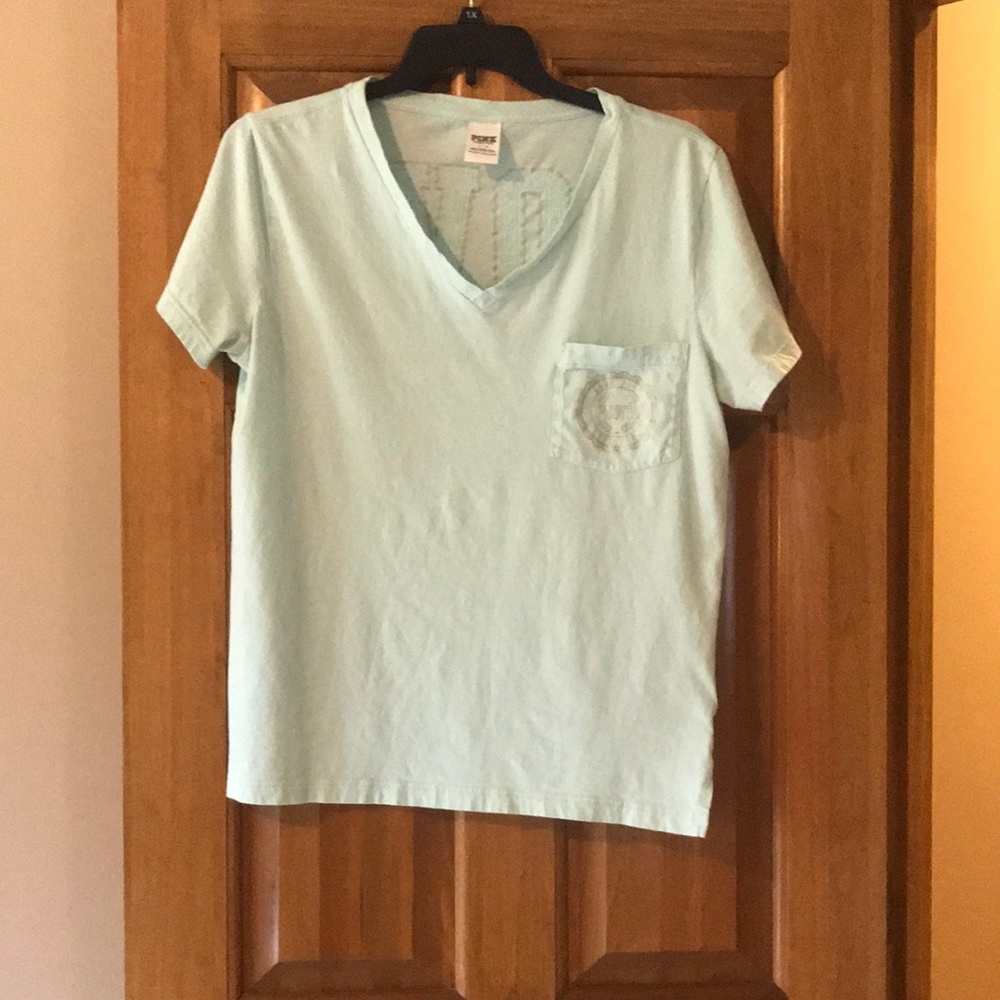 PINK Seafoam Green “LOVE PINK” Silver Sequined Tee